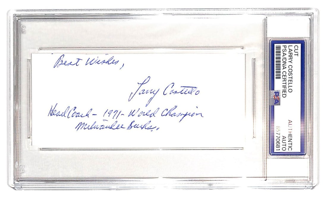 Larry Costello Signed Cut PSA Authenticated Milwaukee Bucks Basketball Memorabilia: Larry Costello Signed Cut PSA Authenticated Milwaukee Bucks Basketball Memorabilia This is an original 2.5 x 5 inch cut featuring the autograph of Larry Costello, renowned player for the Milwaukee Buc