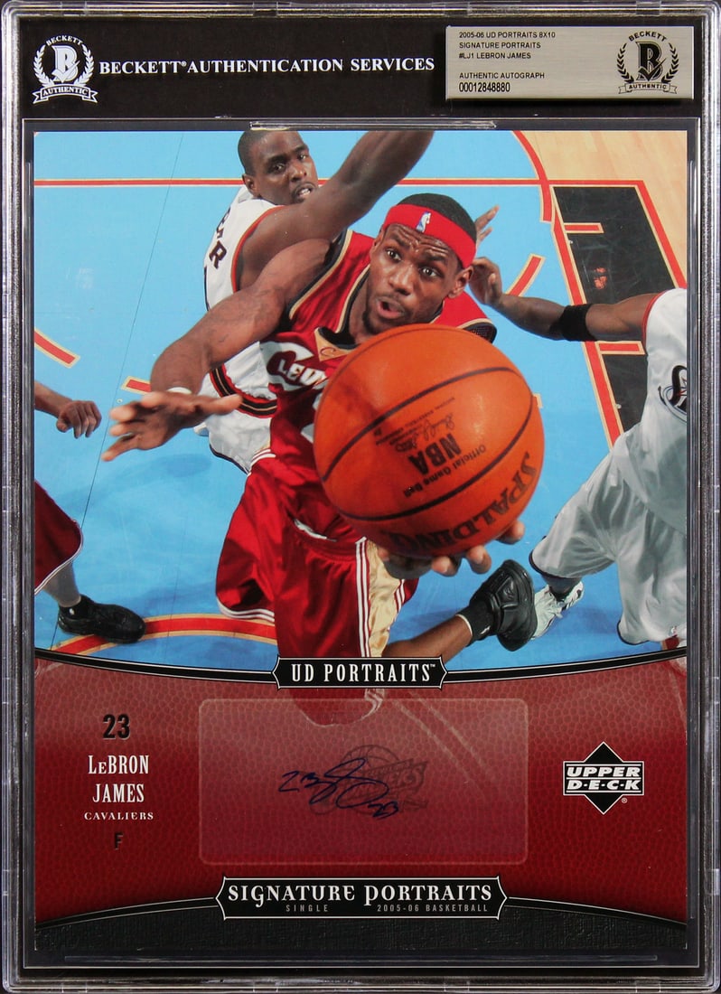 Beckett Slabbed LeBron James Autographed 2005 UD Portraits LJ1 8x10: Beckett Slabbed LeBron James Autographed 2005 UD Portraits LJ1 8x10 This is a 2005 UD Portraits 8x10 Signature Portraits #LJ1 card featuring LeBron James of the Cleveland Cavaliers. The card has been 