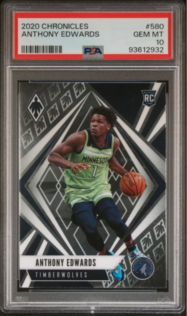 2020 Panini Chronicles Anthony Edwards Rookie RC Card PSA 10 Mint: 2020 Panini Chronicles Anthony Edwards Rookie RC Card PSA 10 Mint This is a graded 2020 Panini Chronicles Anthony Edwards #580 Rookie RC Card, featuring a PSA 10 Mint grade. The card is encapsulated a