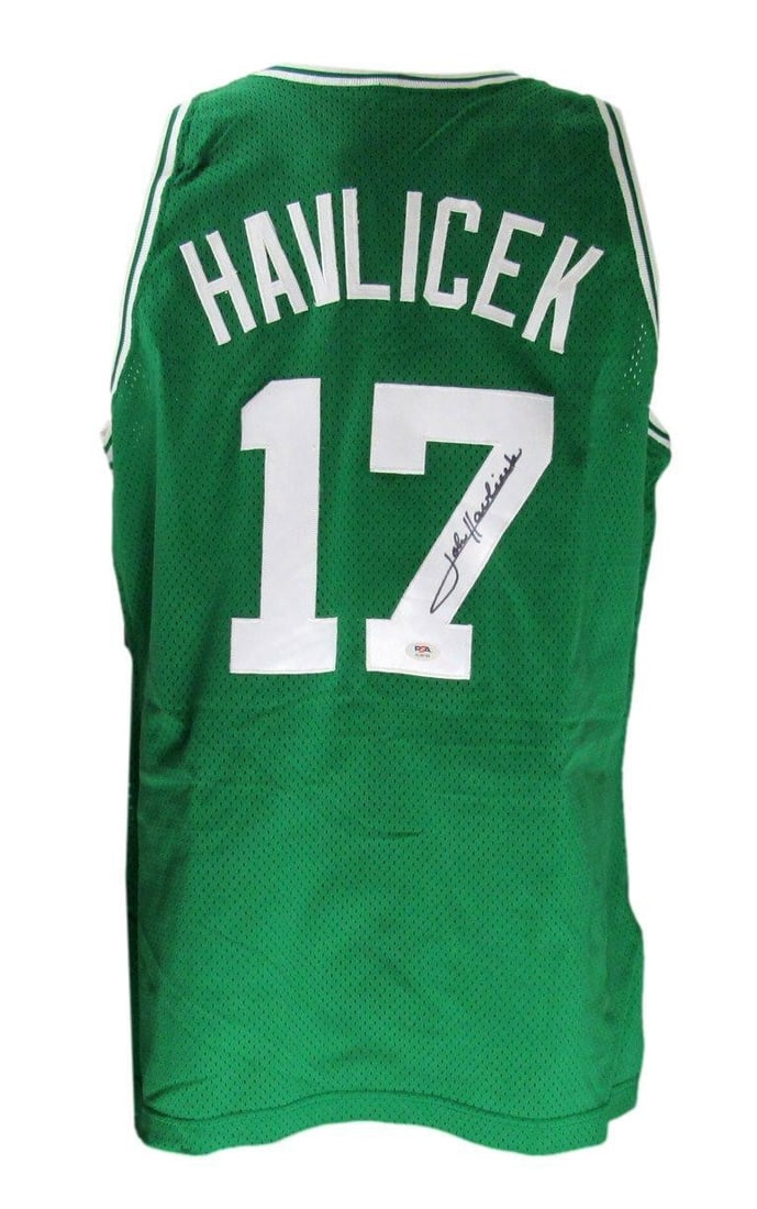 John Havlicek signed Boston Celtics Champion NBA jersey PSA DNA: John Havlicek signed Boston Celtics Champion NBA jersey PSA DNA This is a pre-owned green Champion NBA jersey, autographed by Hall of Famer John Havlicek of the Boston Celtics. The jersey is size 46 a