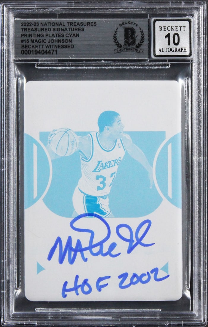 2022 National Treasures Cyan Plate Magic Johnson Signed Card 1of1 Auto BAS 10: 2022 National Treasures Cyan Plate Magic Johnson Signed Card 1of1 Auto BAS 10 This is a unique 2022 Panini National Treasures Treasured Signatures Printing Plates Cyan #15 1/1 card, personally signed 