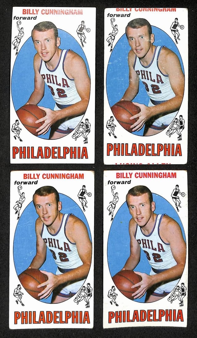 Set of 4 Billy Cunningham 1969-70 Topps Rookie Basketball Cards #40 HOF: Set of 4 Billy Cunningham 1969-70 Topps Rookie Basketball Cards #40 HOF This lot includes four original 1969-70 Topps Basketball rookie cards, featuring Billy Cunningham of the Philadelphia 76ers. The