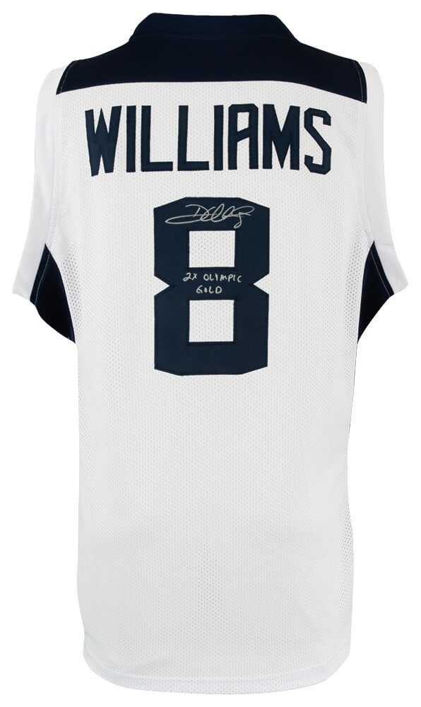 USA White Custom Basketball Jersey Signed by Deron Williams with 2x Gold Inscription: USA White Custom Basketball Jersey Signed by Deron Williams with 2x Gold Inscription This is a pre-owned custom USA white basketball jersey signed by Deron Williams. The jersey features a '2x Olympic 