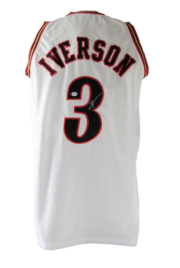 Allen Iverson HOF Signed 76ers Custom Basketball Jersey PSA/DNA: Allen Iverson HOF Signed 76ers Custom Basketball Jersey PSA/DNA Offered is a pre-owned Allen Iverson Hall of Fame signed Philadelphia 76ers custom basketball jersey in size XL. This jersey features Iv