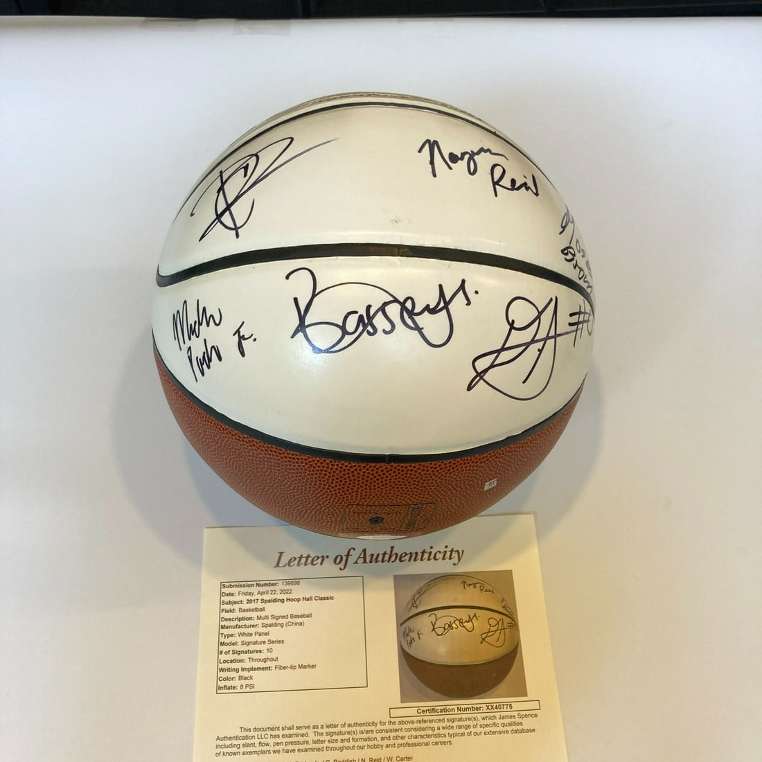 2017 Spalding Hoop Hall Classic Basketball 10 Player Signed JSA COA: 2017 Spalding Hoop Hall Classic Basketball 10 Player Signed JSA COA Commemorate the excitement of basketball with this original 2017 Spalding Hoop Hall Classic Game Multi-Signed Basketball featuring 1