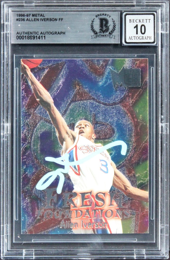 Allen Iverson Signed 1996 Metal #236 Rookie Card Gem Mint 10 Beckett Authenticated: Allen Iverson Signed 1996 Metal #236 Rookie Card Gem Mint 10 Beckett Authenticated This is a 1996 Metal #236 Rookie Card featuring Allen Iverson, personally signed by the legendary player himself. Gra