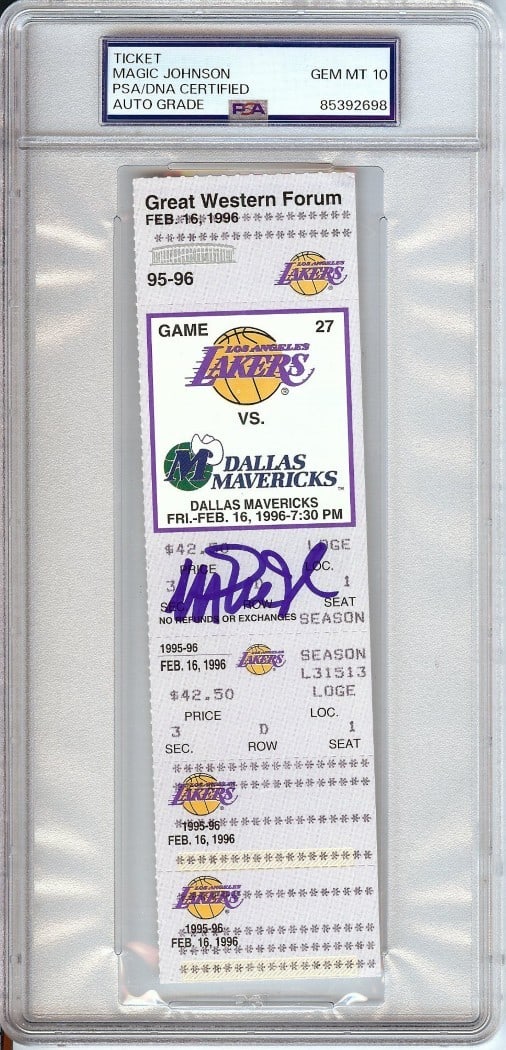 Magic Johnson Autographed Ticket 1996 Lakers vs Mavs PSA 10 Gem Mint: Magic Johnson Autographed Ticket 1996 Lakers vs Mavs PSA 10 Gem Mint This is a Magic Johnson signed ticket stub from the 1996 game between the Los Angeles Lakers and the Dallas Mavericks. The ticket h