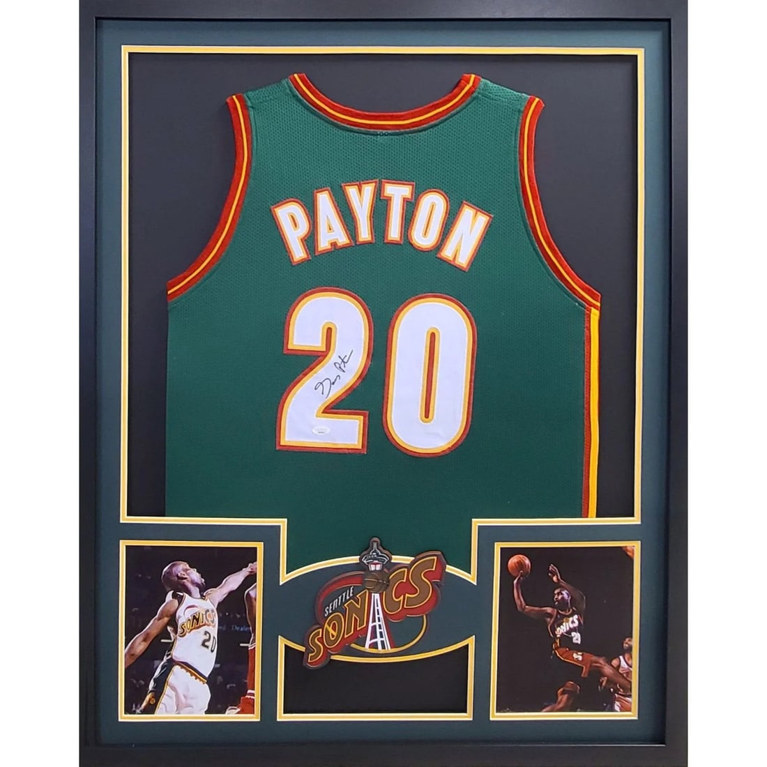 Framed Gary Payton autographed jersey JSA authenticated Seattle SuperSonics: Framed Gary Payton autographed jersey JSA authenticated Seattle SuperSonics This is a framed Seattle Supersonics jersey autographed by Gary Payton. The jersey is authenticated by JSA and features a ta