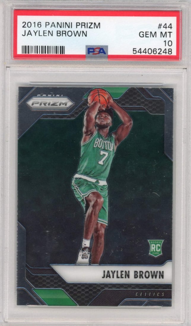 2016-17 Panini Prizm Jaylen Brown #44 Rookie Basketball Card PSA 10: 2016-17 Panini Prizm Jaylen Brown #44 Rookie Basketball Card PSA 10 This is a graded 2016-17 Panini Prizm Jaylen Brown #44 Rookie RC Basketball Card, rated PSA 10. This card features Jaylen Brown, a t