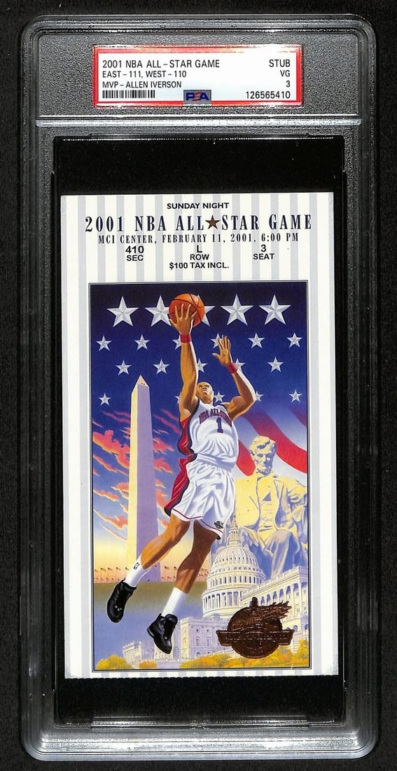 2001 NBA All-Star Game Ticket Stub Allen Iverson MVP PSA VG 3: 2001 NBA All-Star Game Ticket Stub Allen Iverson MVP PSA VG 3 Commemorate a significant moment in basketball history with this original February 11, 2001 NBA All-Star Game Ticket Stub featuring Allen 