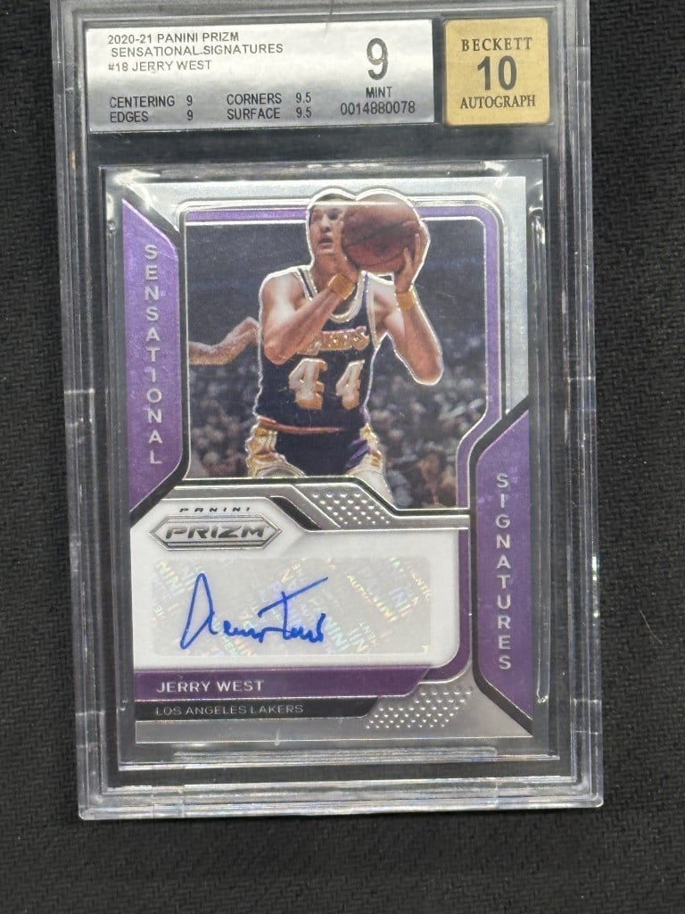 Jerry West 2020-21 Panini Prizm Sensational Signatures BGS 9 Auto 10: Jerry West 2020-21 Panini Prizm Sensational Signatures BGS 9 Auto 10 This is a 2020-21 Panini Prizm Sensational Signatures Basketball card featuring the legendary player Jerry West. Graded by Beckett 