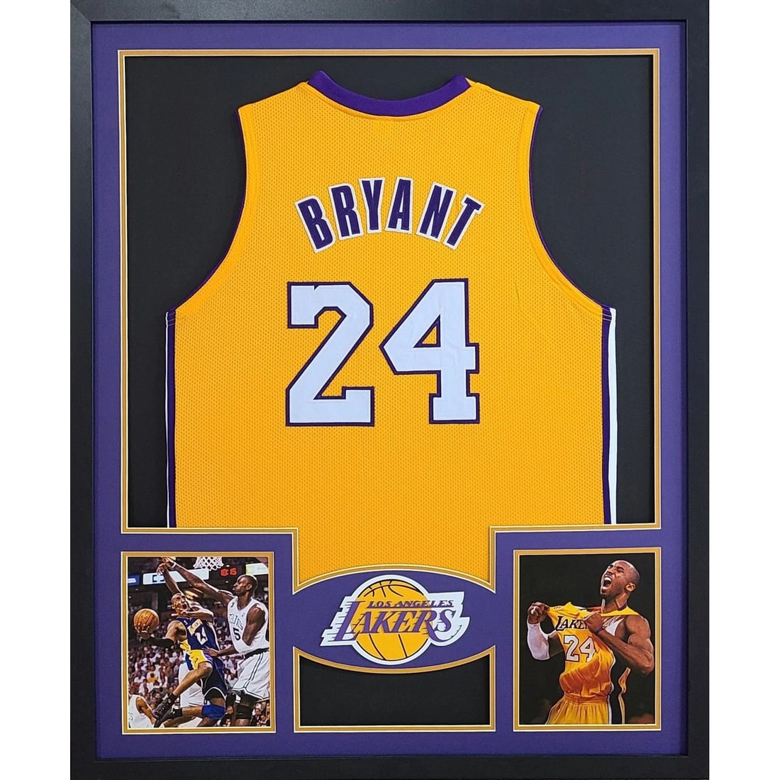 Framed Los Angeles Lakers Kobe Bryant Unsigned Jersey 42x34 UV Acrylic: Framed Los Angeles Lakers Kobe Bryant Unsigned Jersey 42x34 UV Acrylic This is a framed Kobe Bryant jersey featuring the Los Angeles Lakers. The jersey is unsigned and professionally framed with atten