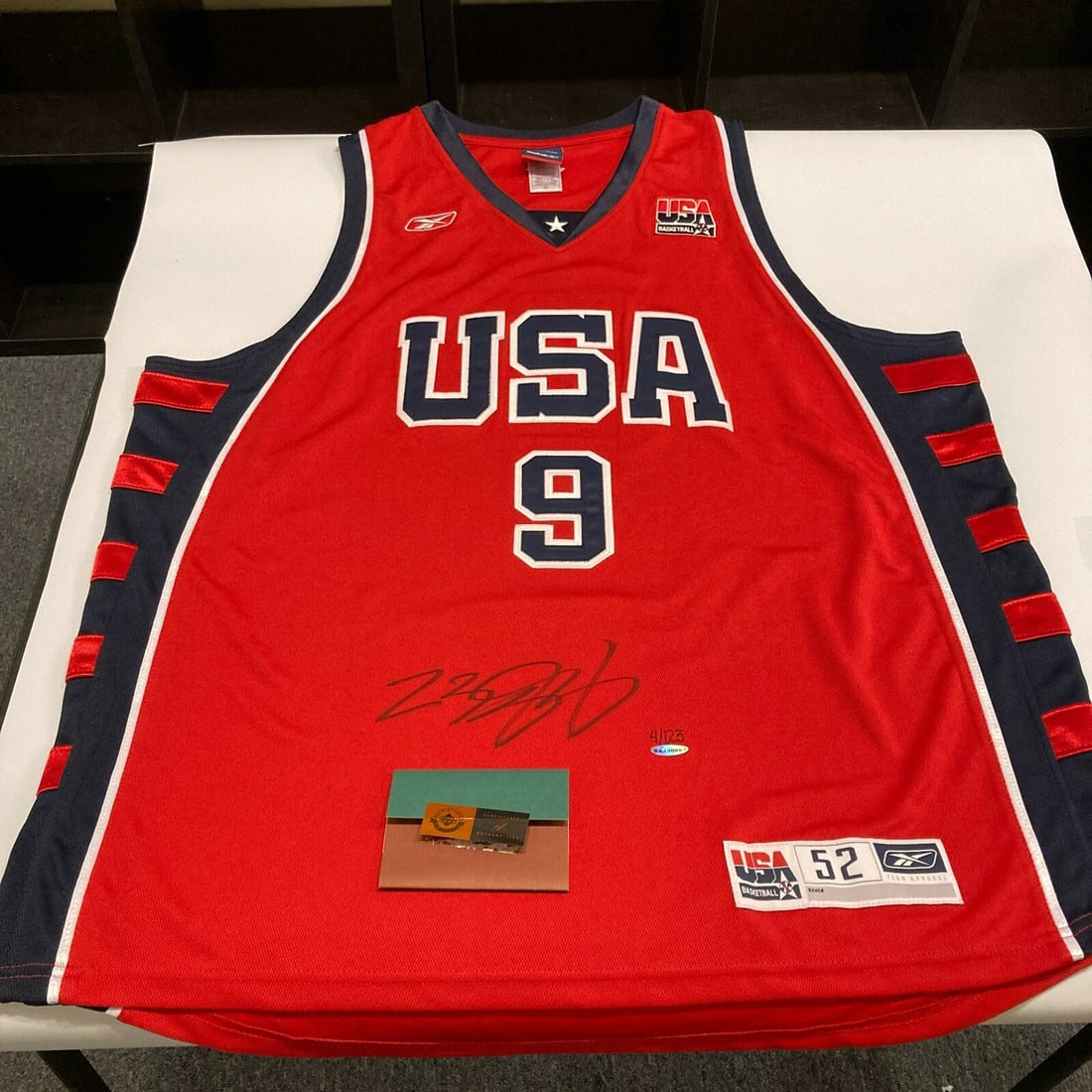 LeBron James Team USA signed Reebok jersey 4 123 Upper Deck JSA: LeBron James Team USA signed Reebok jersey 4 123 Upper Deck JSA This authentic 2004 Team USA Olympics road red jersey by Reebok is signed by LeBron James in black ink just below his Team USA number "9