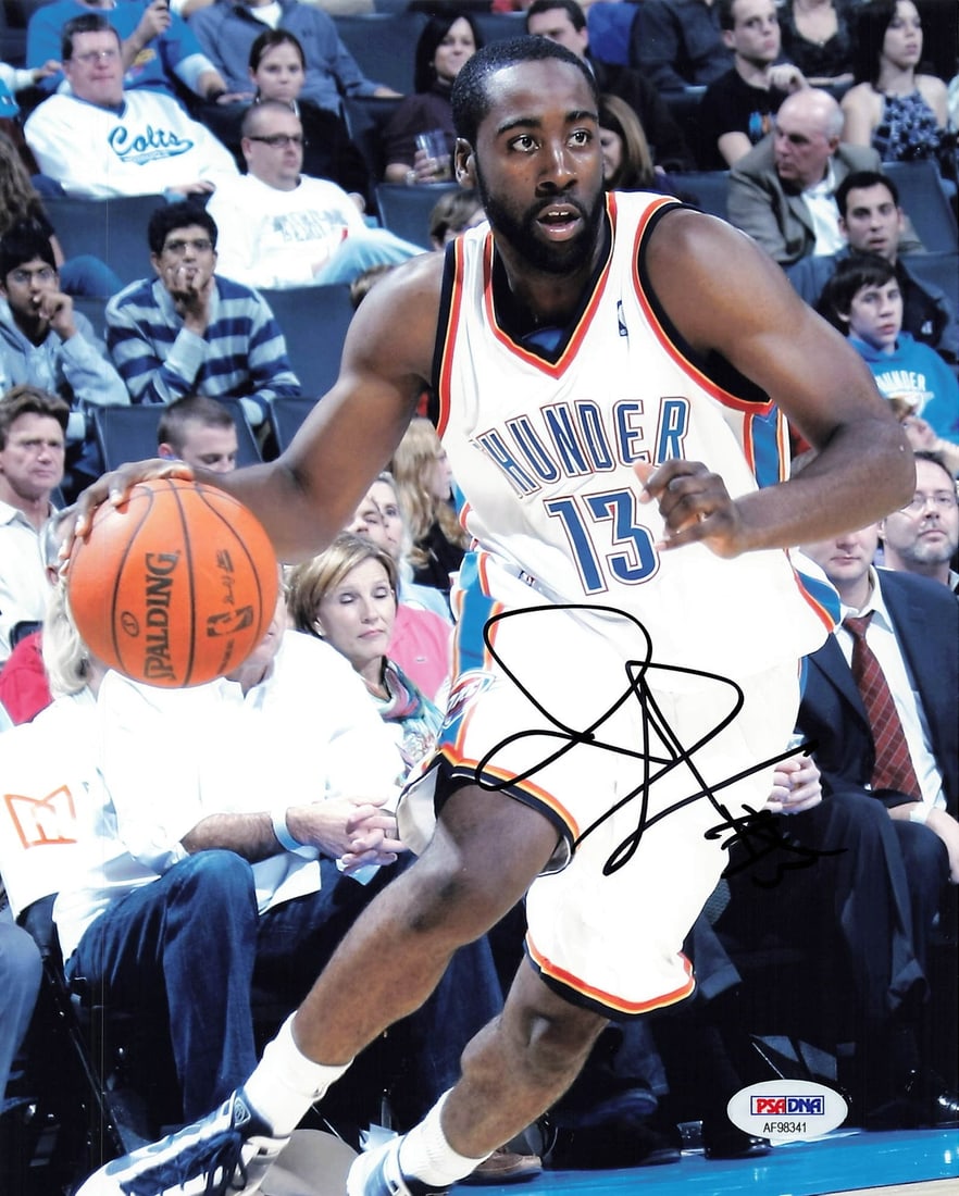 James Harden Autographed 8x10 Photo PSA/DNA Thunder: James Harden Autographed 8x10 Photo PSA/DNA Thunder This is an original 8x10 photograph of James Harden, featuring his autograph, captured during his time with the Oklahoma City Thunder. The signature
