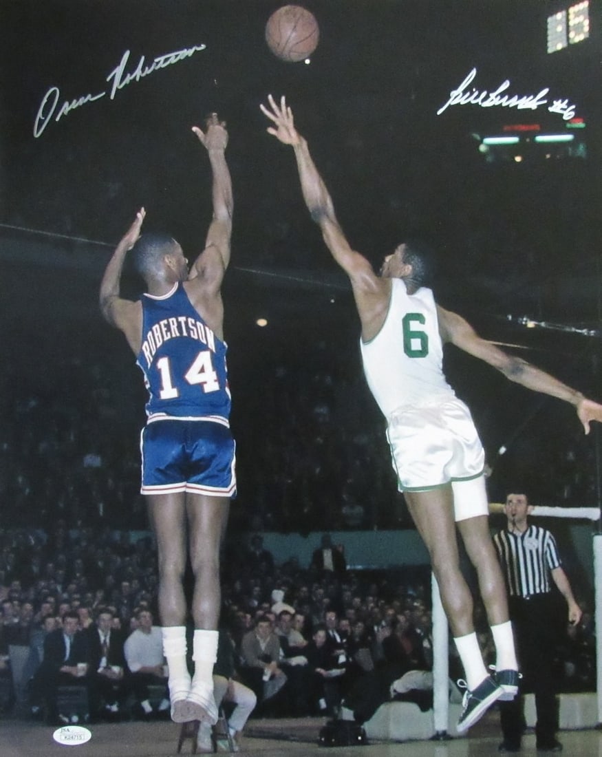 Bill Russell Oscar Robertson Dual Signed 16x20 Photo JSA Certified: Bill Russell Oscar Robertson Dual Signed 16x20 Photo JSA Certified This is an original dual-autographed 16x20 photo featuring Bill Russell and Oscar Robertson, both legends of the NBA. Authenticated b