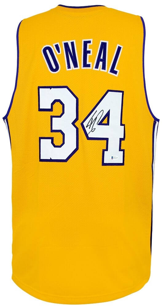 Shaquille O'Neal Signed Lakers Gold Custom Jersey Beckett COA: Shaquille O'Neal Signed Lakers Gold Custom Jersey Beckett COA Celebrate the legacy of basketball star Shaquille O'Neal with this signed gold custom basketball jersey. This original item features the L