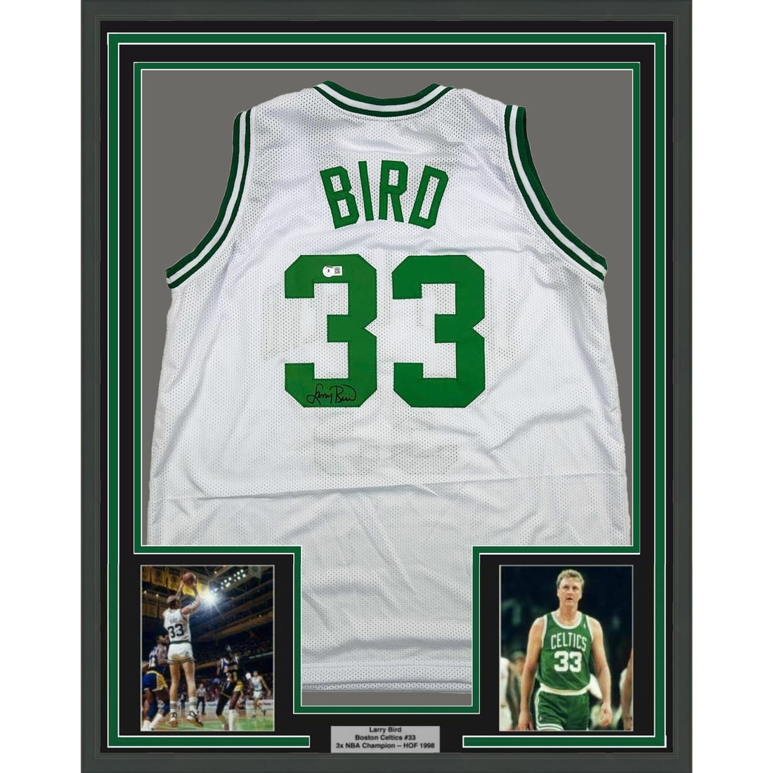 Framed Larry Bird Signed Boston Celtics Jersey with BAS COA 35x39: Framed Larry Bird Signed Boston Celtics Jersey with BAS COA 35x39 This framed autographed Larry Bird jersey is a must-have for any Boston Celtics fan. Measuring 35x39 inches, the authentic white jerse