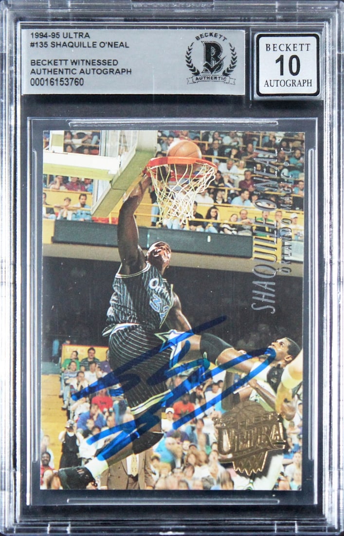 Shaquille O'Neal Signed 1994 Ultra #135 Gem Mint 10 Beckett Authenticated: Shaquille O'Neal Signed 1994 Ultra #135 Gem Mint 10 Beckett Authenticated This is a rare 1994 Ultra #135 trading card featuring Shaquille O'Neal, personally signed by the basketball legend himself. Gr