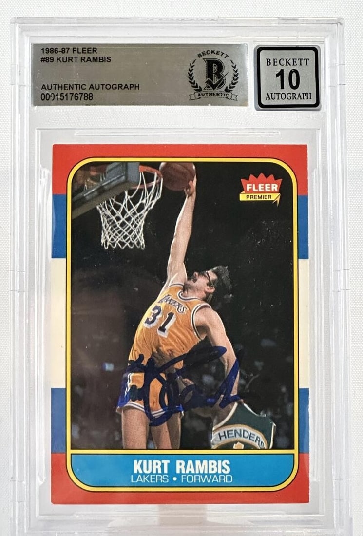 Kurt Rambis Signed 1986 Fleer Basketball Card BGS Autograph Grade 10: Kurt Rambis Signed 1986 Fleer Basketball Card BGS Autograph Grade 10 This is an original 1986-87 Fleer #89 sports trading card featuring Kurt Rambis of the Los Angeles Lakers. The card is hand-signed 