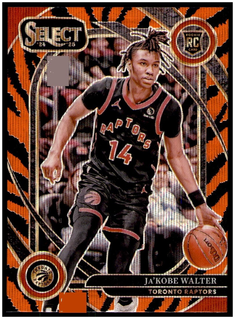 Ja'Kobe Walter Tiger Stripe Rookie Courtside Panini Select 2024-25: Ja'Kobe Walter Tiger Stripe Rookie Courtside Panini Select 2024-25 This is a Ja'Kobe Walter rookie card from the 2024-25 Panini Select set, featuring the Courtside Tiger Stripe parallel. The card is a