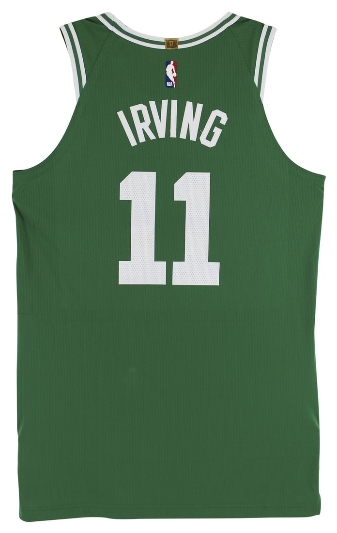 Kyrie Irving 2019 Game Used Celtics Green Nike Jersey vs Pacers COA: Kyrie Irving 2019 Game Used Celtics Green Nike Jersey vs Pacers COA This is a game-used Boston Celtics jersey worn by Kyrie Irving during the 2019 NBA Playoffs. In the first round against the Indiana 