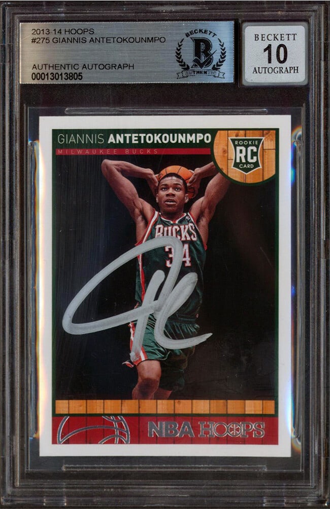 Giannis Antetokounmpo Rookie Card Signed 2013 Hoops #275 Mint 10 Beckett Authenticated: Giannis Antetokounmpo Rookie Card Signed 2013 Hoops #275 Mint 10 Beckett Authenticated This 2013-14 Hoops #275 Rookie Card features the authentic signature of Giannis Antetokounmpo from the Milwaukee 