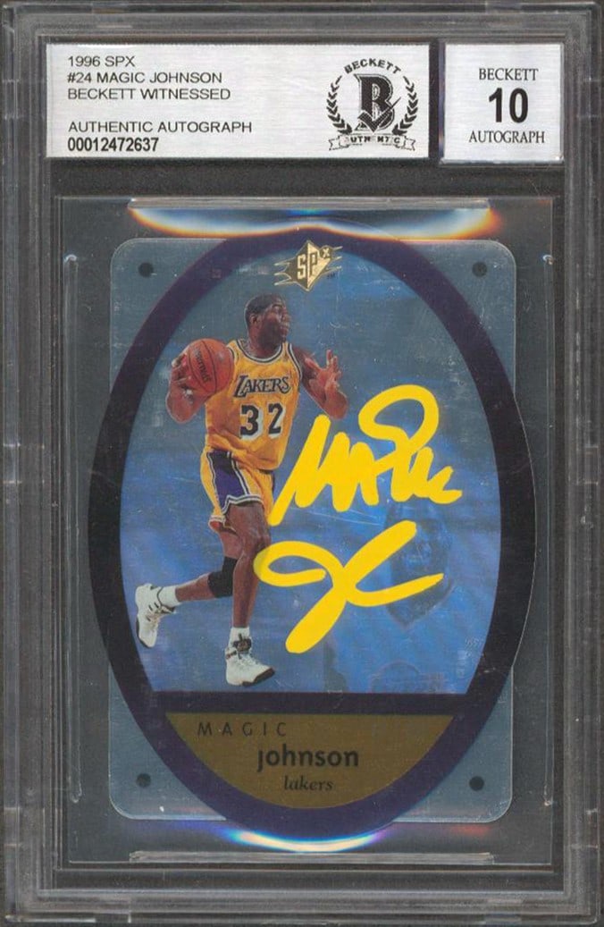 Magic Johnson 1996 SPX #24 Autographed Beckett Gem Mint 10 Card: Magic Johnson 1996 SPX #24 Autographed Beckett Gem Mint 10 Card This 1996 SPX #24 trading card features Magic Johnson of the Los Angeles Lakers and has been personally signed by the player. The autogr