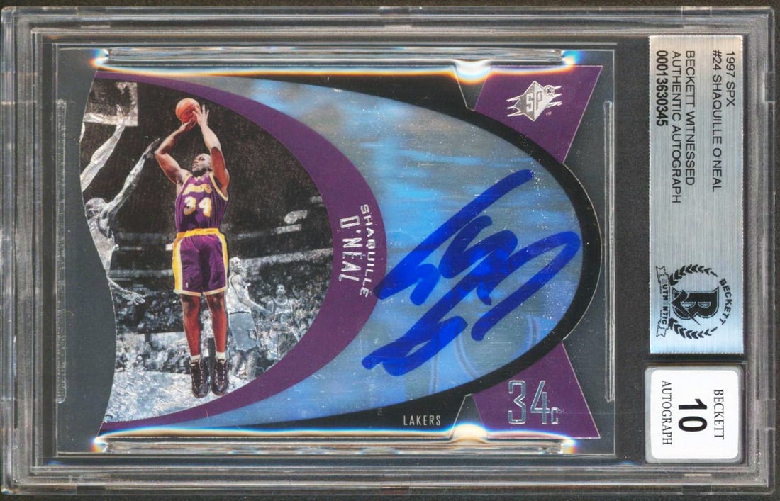 Shaquille O'Neal 1997 SPX #24 Signed Card Beckett 10 Auto Slabbed: Shaquille O'Neal 1997 SPX #24 Signed Card Beckett 10 Auto Slabbed This is an original 1997 SPX #24 basketball card featuring Shaquille O'Neal of the Orlando Magic, personally signed by O'Neal. The