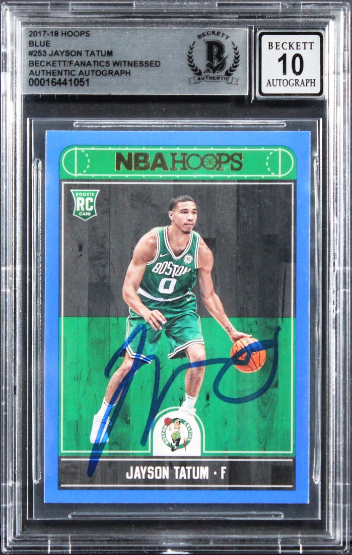 Jayson Tatum 2017 Hoops Blue Rookie Card BAS Slabbed: Jayson Tatum 2017 Hoops Blue Rookie Card BAS Slabbed This 2017 Hoops Blue #253 rookie card features Jayson Tatum of the Boston Celtics and has been personally signed by him. The autograph has received