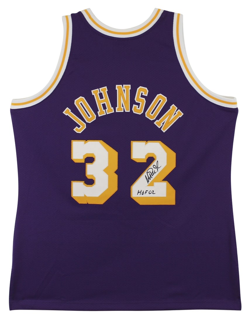 Magic Johnson Signed 1984-85 Lakers Mitchell Ness Purple Jersey BAS Authenticated: Magic Johnson Signed 1984-85 Lakers Mitchell Ness Purple Jersey BAS Authenticated This authentic 1984-85 Mitchell & Ness Hardwood Classics purple jersey is personally signed by Magic Johnson of the