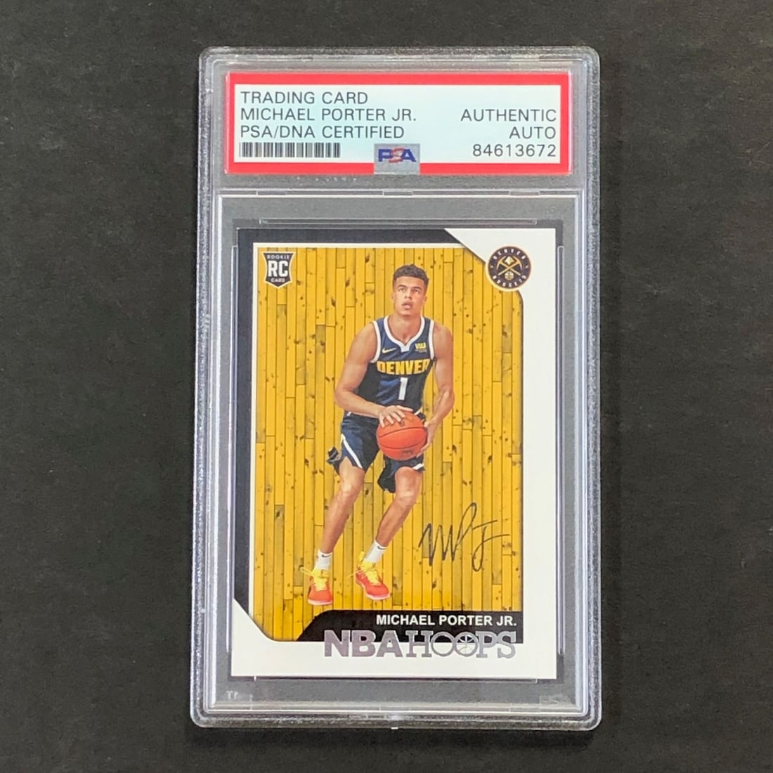 Michael Porter Jr. 2018-19 Hoops Rookie Card PSA DNA Authenticated Autograph: Michael Porter Jr. 2018-19 Hoops Rookie Card PSA DNA Authenticated Autograph This is an original 2018-19 NBA Hoops #254 rookie card featuring Michael Porter Jr. of the Denver Nuggets. The card has bee