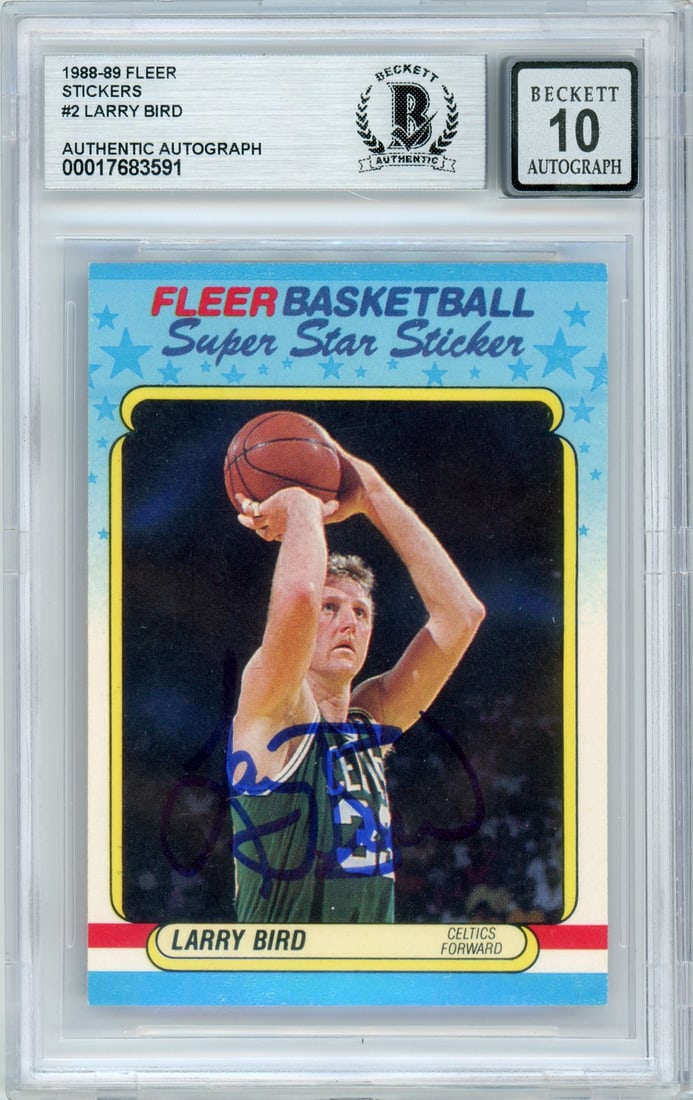 Larry Bird Signed 1988 Fleer Sticker Card BGS Auto 10 Boston Celtics: Larry Bird Signed 1988 Fleer Sticker Card BGS Auto 10 Boston Celtics This is an original 1988-89 Fleer Stickers #2 sports trading card featuring Larry Bird of the Boston Celtics. The card is hand-sign