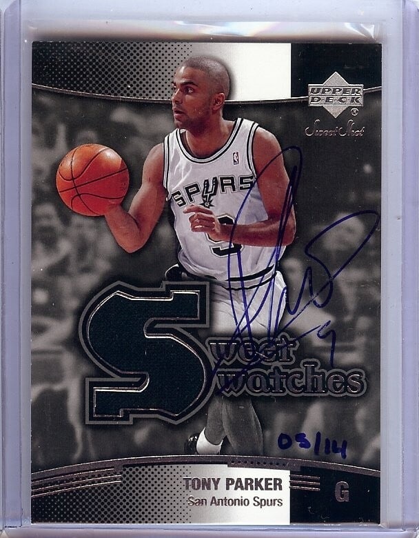 Tony Parker 2004-05 Ultimate Collection Buyback Autograph Card #SW-TP 05/14 Spurs: Tony Parker 2004-05 Ultimate Collection Buyback Autograph Card #SW-TP 05/14 Spurs This is a Tony Parker 2004-05 Ultimate Collection Buyback Autograph basketball card, featuring the beloved player from