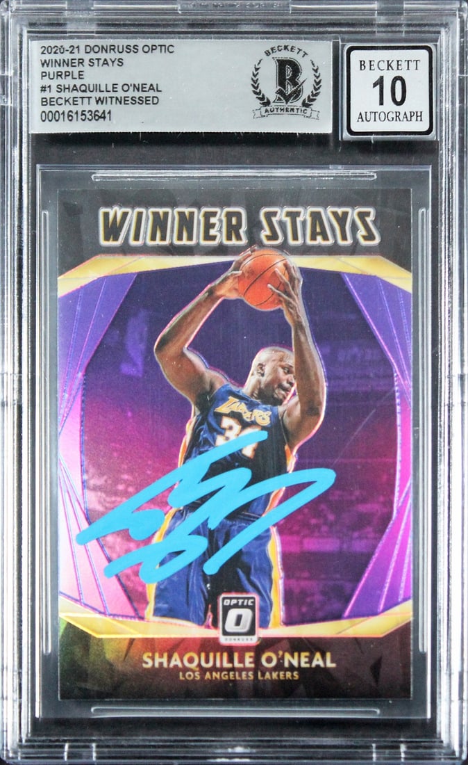 Shaquille O'Neal Signed 2020 Donruss Optic Gem Mint 10 Lakers Card BAS Authenticated: Shaquille O'Neal Signed 2020 Donruss Optic Gem Mint 10 Lakers Card BAS Authenticated This is a signed 2020 Donruss Optic Winner Stays Purple #1 card featuring Shaquille O'Neal of the Los Angeles Laker