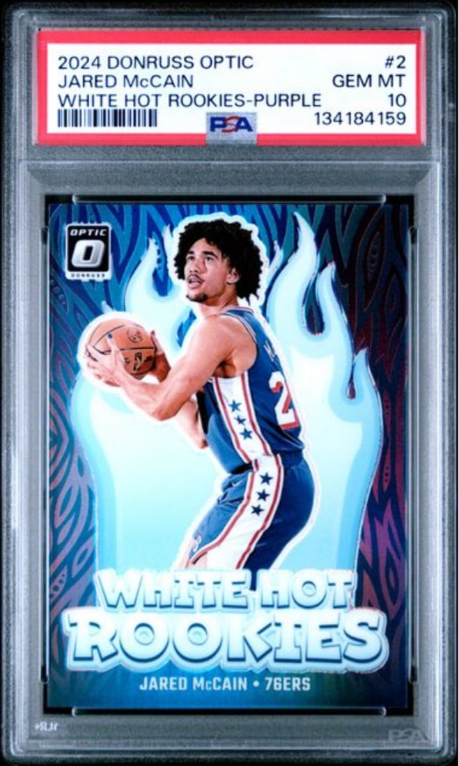PSA 10 Jared McCain White Hot Purple 2024 Optic Rookie Basketball Card: PSA 10 Jared McCain White Hot Purple 2024 Optic Rookie Basketball Card This is an original 2024 Donruss Optic Jared McCain #2 White Hot Purple Rookie Card, graded PSA 10 by Professional Sports Authent