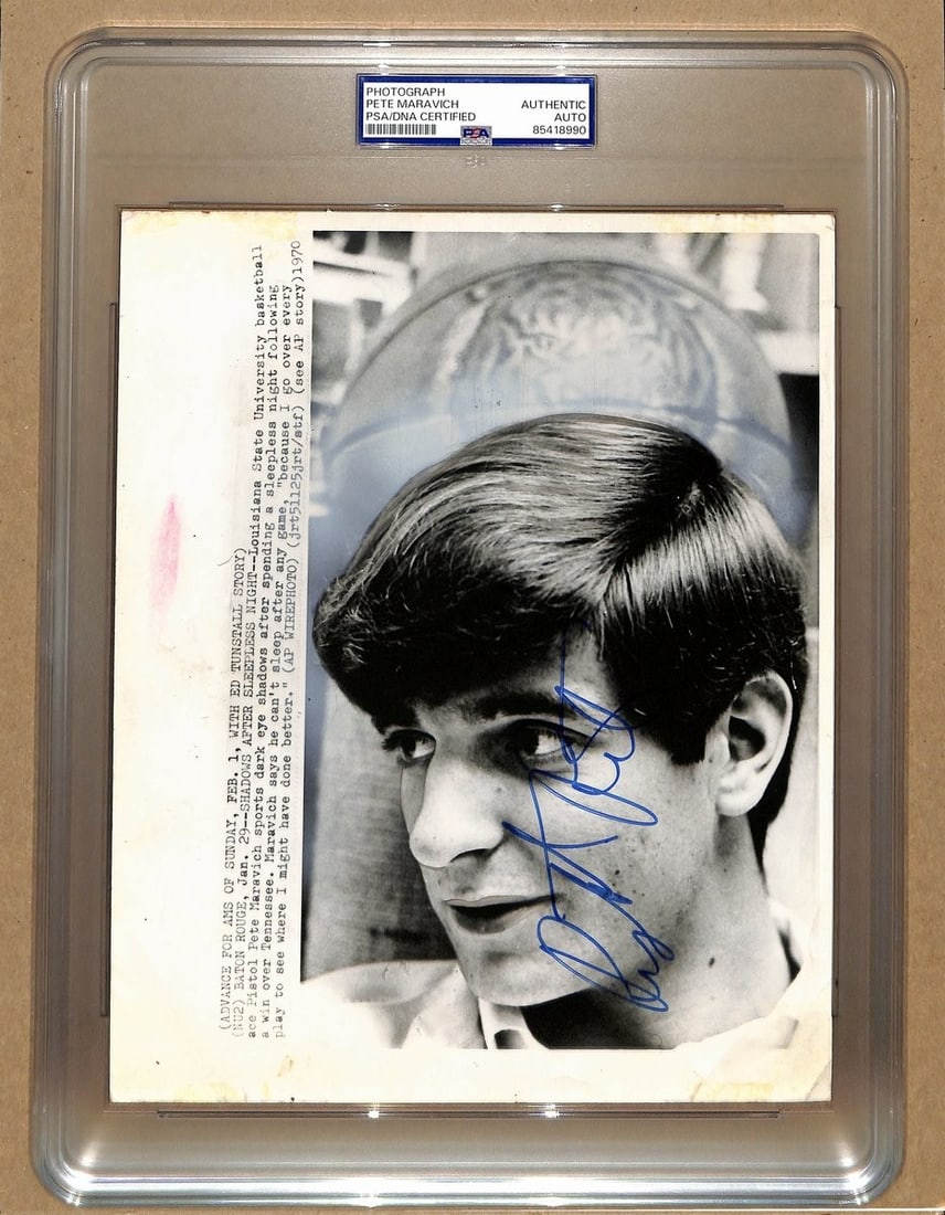 Autographed LSU 8x10 Wire Photo by Pistol Pete Maravich PSA DNA Authenticated: Autographed LSU 8x10 Wire Photo by Pistol Pete Maravich PSA DNA Authenticated This is an original 8x10 wire/press photo featuring Pistol Pete Maravich during his time at LSU, hand-signed by Maravich. 