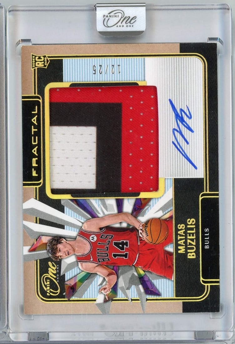 Matas Buzelis Rookie Patch Auto Fractal /25 PSA Graded NBA Card: Matas Buzelis Rookie Patch Auto Fractal /25 PSA Graded NBA Card This is an original 2024 Panini One and One Fractal RPA Rookie card featuring Matas Buzelis of the Chicago Bulls. The card is autographe