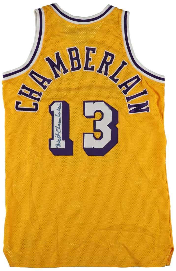 Signed Wilt Chamberlain Lakers Sand Knit 1970s Home Jersey Beckett COA: Signed Wilt Chamberlain Lakers Sand Knit 1970s Home Jersey Beckett COA This authentic Los Angeles Lakers vintage 1970s Sand Knit home jersey is signed by NBA Hall of Famer Wilt Chamberlain. The jersey