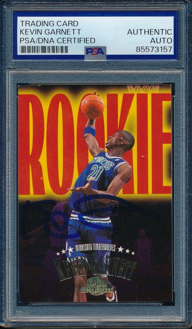 Kevin Garnett HOF Signed 1995-96 Skybox Rookie Card #233 PSA/DNA: Kevin Garnett HOF Signed 1995-96 Skybox Rookie Card #233 PSA/DNA This offering features a Kevin Garnett Hall of Fame Signed Autographed On Card 1995-96 Skybox Rookie Card #233, representing the Minnes