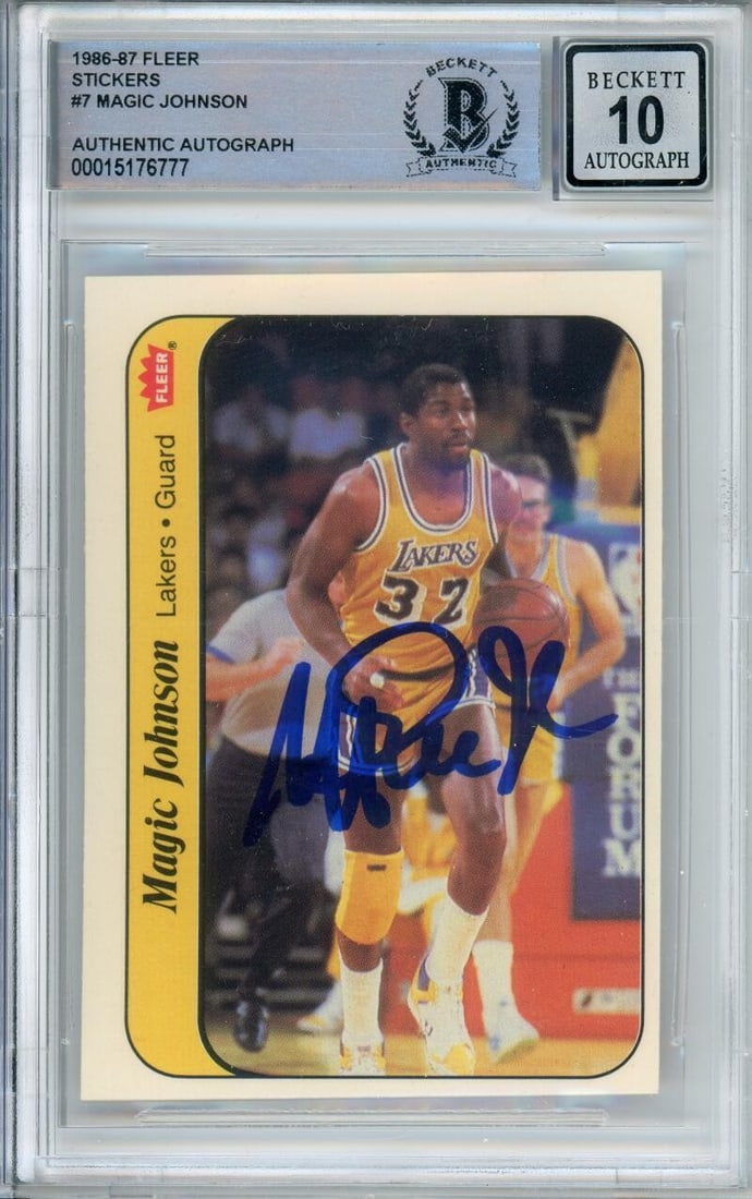 Magic Johnson Signed 1986 Fleer Sticker Lakers BAS Auto 10 #7: Magic Johnson Signed 1986 Fleer Sticker Lakers BAS Auto 10 #7 This 1986-87 Fleer Stickers #7 sports trading card features Magic Johnson of the Los Angeles Lakers. The card is an original from the 1986