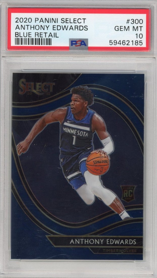 2020-21 Panini Select Anthony Edwards #300 Blue Retail Rookie Card PSA 10: 2020-21 Panini Select Anthony Edwards #300 Blue Retail Rookie Card PSA 10 This is a graded 2020-21 Panini Select Anthony Edwards #300 Blue Retail Rookie Card, certified with a PSA grade of 10. The car