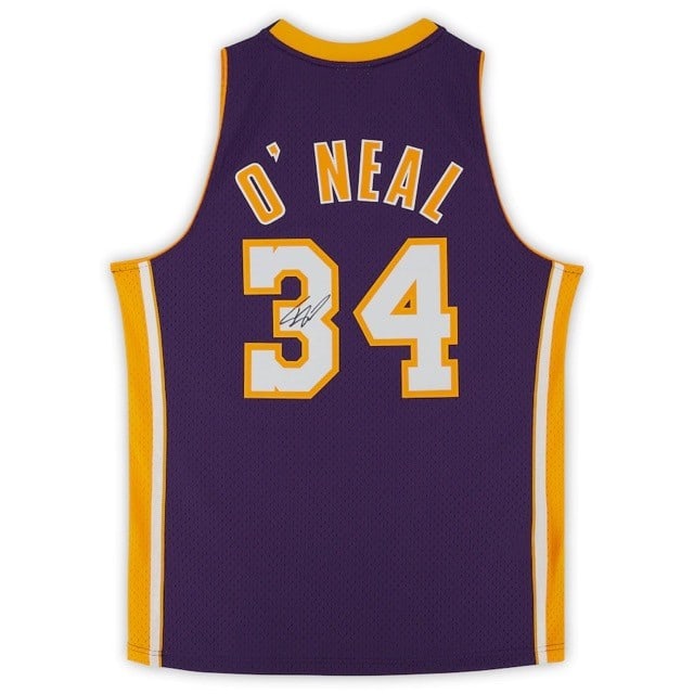 Shaquille O'Neal Lakers Mitchell Ness Purple Signed Jersey Fanatics Authentic: Shaquille O'Neal Lakers Mitchell Ness Purple Signed Jersey Fanatics Authentic This is a pre-owned Mitchell & Ness Hardwood Classics Swingman jersey from the 1999-2000 season, signed by Shaquille O'Nea
