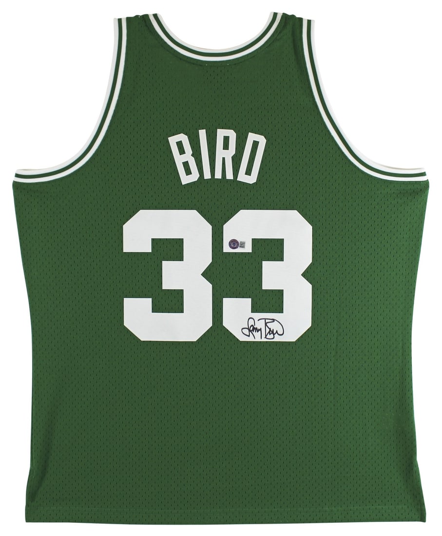Beckett Witnessed Larry Bird Signed 1985 Green Mitchell & Ness Swingman Jersey: Beckett Witnessed Larry Bird Signed 1985 Green Mitchell & Ness Swingman Jersey This is an original 1985 green Mitchell & Ness Hardwood Classics Swingman jersey, personally signed by Larry Bird. The au