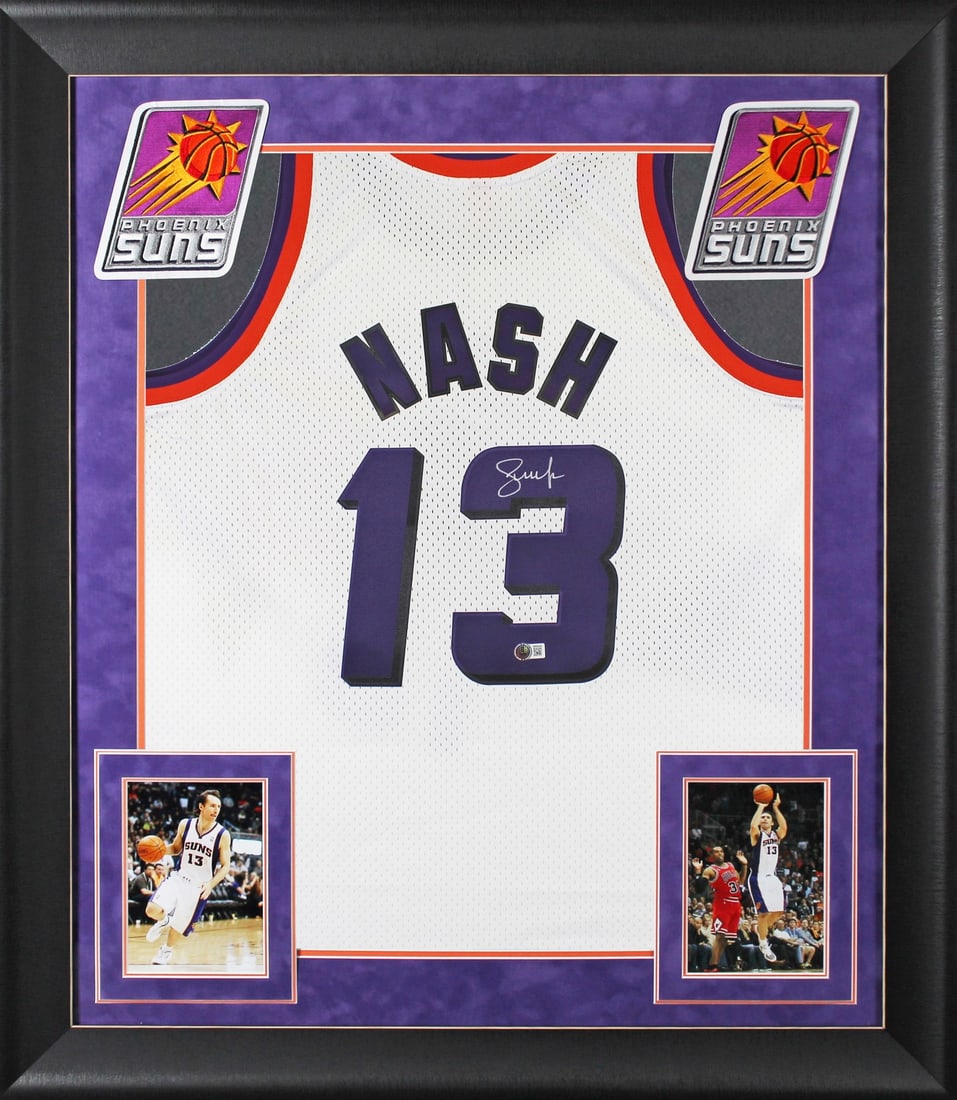 Steve Nash Signed Phoenix Suns Framed 1996-97 Jersey BAS Witnessed: Steve Nash Signed Phoenix Suns Framed 1996-97 Jersey BAS Witnessed Celebrate the legacy of Steve Nash with this original autographed white Mitchell & Ness 1996-97 Hardwood Classics Swingman framed jer