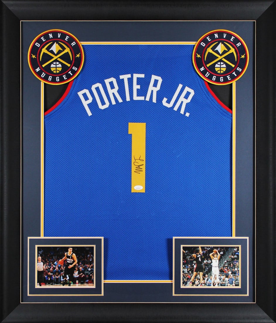 Michael Porter Jr. Signed Framed Jersey Denver Nuggets JSA Witnessed: Michael Porter Jr. Signed Framed Jersey Denver Nuggets JSA Witnessed This stunning blue pro style framed jersey has been personally signed by Michael Porter Jr. of the Denver Nuggets. The jersey is an