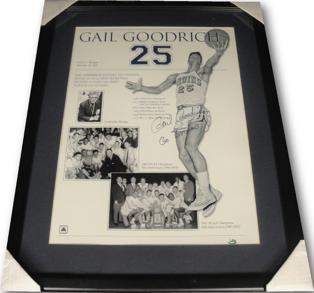 Gail Goodrich Autographed 18x24 Framed Photo Los Angeles Lakers: Gail Goodrich Autographed 18x24 Framed Photo Los Angeles Lakers This stunning 18x24 photo features the legendary Gail Goodrich, a celebrated player for the Los Angeles Lakers. This original, hand-sign