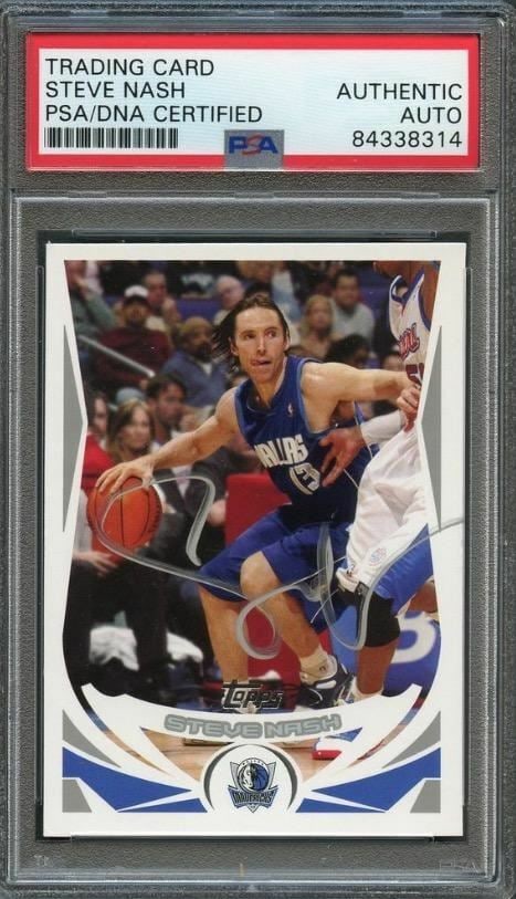 Steve Nash 2004-05 Topps #180 PSA/DNA Autographed Mavericks Card: Steve Nash 2004-05 Topps #180 PSA/DNA Autographed Mavericks Card This is a 2004-05 Topps #180 basketball trading card featuring Steve Nash, who played for the Dallas Mavericks. The card has been perso