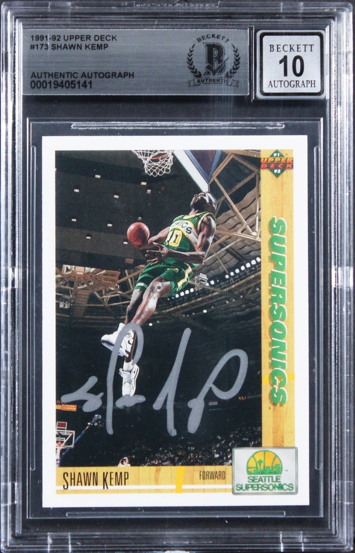 Shawn Kemp Autographed 1991 Upper Deck 173 Basketball Card BAS Gem Mint 10 Auto: Shawn Kemp Autographed 1991 Upper Deck 173 Basketball Card BAS Gem Mint 10 Auto This is an original 1991 Upper Deck #173 basketball trading card featuring Shawn Kemp of the Seattle Supersonics. The ca