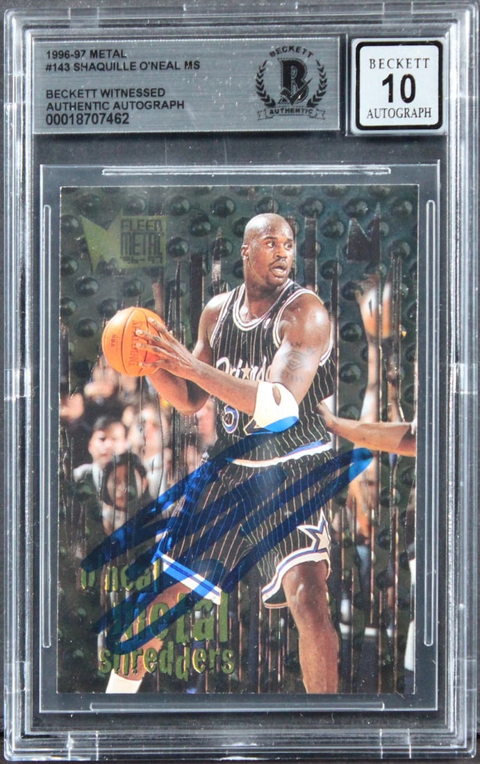 Shaquille O'Neal Signed 1996 Metal Basketball Card BAS Auto 10 Orlando Magic: Shaquille O'Neal Signed 1996 Metal Basketball Card BAS Auto 10 Orlando Magic This is an original 1996 Metal #143 basketball card, personally signed by Shaquille O'Neal of the Orlando Magic. The card f