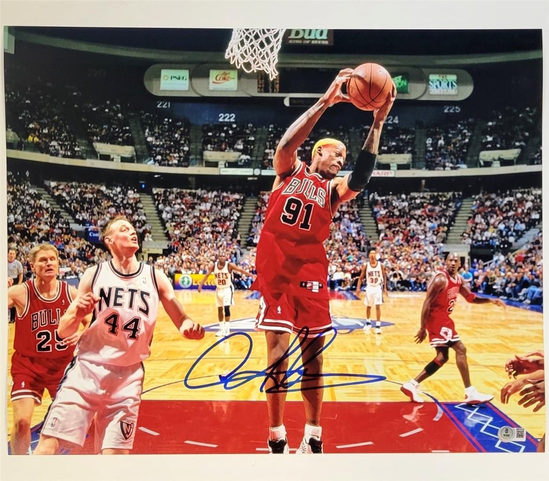 Dennis Rodman Signed Bulls 16x20 Photo with Michael Jordan BAS Certified: Dennis Rodman Signed Bulls 16x20 Photo with Michael Jordan BAS Certified This is an original 16x20 photograph of Dennis Rodman, autographed by the legendary player himself. Accompanied by Michael Jord